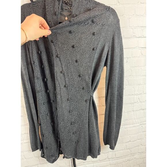 KNITTED & KNOTTED dark gray anthracite open front belted cardigan sweater M - Picture 5 of 10